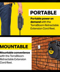 Retractable Extension Cord Reel With Light Indicator 25 Feet Heavy Duty 12 Gauge 3 Wire Cable Triple Outlet Wall Mount Power Reel For Garage And Workshop UL Listed 14 Amp 125 Volt 1750 Watt shown in portable and mountable uses.