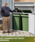 Person using 41 Cu Ft Horizontal Outdoor Storage Shed Weatherproof Resin With Thickened Floor for trash disposal, light grey