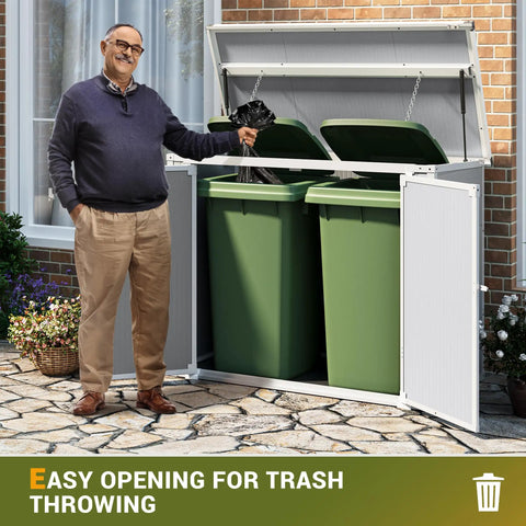 Person using 41 Cu Ft Horizontal Outdoor Storage Shed Weatherproof Resin With Thickened Floor for trash disposal, light grey
