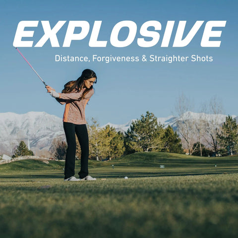 Woman swinging Ladies Left or Right Handed Golf Club Set at golf course with mountains in background