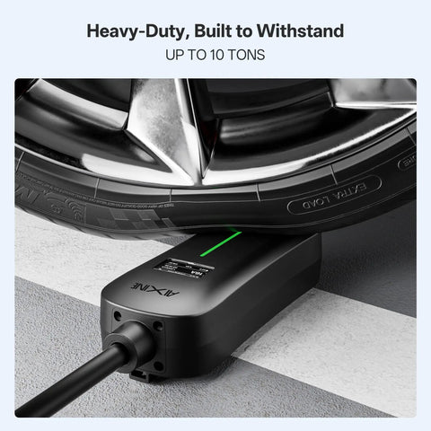 Heavy-duty Level 1 And Level 2 J1772 EV Charger With 25 Foot Extension Cord under car tire showing durability.
