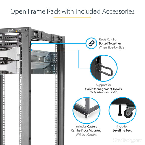 Built Tough 42U Four Post Open Frame Server Rack With 19 Inch Width And 22 To 40 Inch Adjustable Depth For Data Center Networks And Audio Visual Gear Heavy Duty Capacity Super Smooth No Fuss Setup with included accessories.