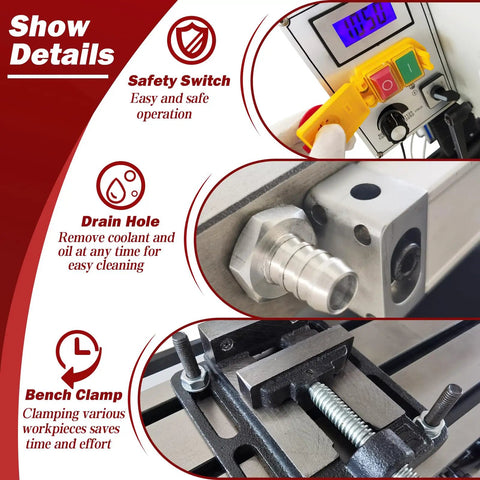 Heavy Duty 1300W Mill Drill Machine Boasts A Crisp DRO Display And A Brushless Motor For Rock Solid Variable Speed Power Feed features safety switch, drain hole, and bench clamp.