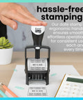 Top Shelf Heavy Duty Self Inking Date Stamp Black customizable with smooth ergonomic handle on desk for paperwork tasks.