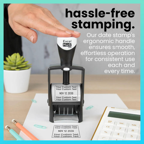 Top Shelf Heavy Duty Self Inking Date Stamp Black customizable with smooth ergonomic handle on desk for paperwork tasks.