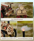 Electric Vintage Steam Engine 3D Puzzle Kit for Adults with micro motor, open engine hood, and steam design shown in detail.