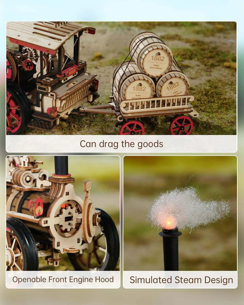 Electric Vintage Steam Engine 3D Puzzle Kit for Adults with micro motor, open engine hood, and steam design shown in detail.