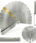 Front view of stainless steel feeler gauge set with 32 blades, 0.04–0.88 mm range and folding carrier.