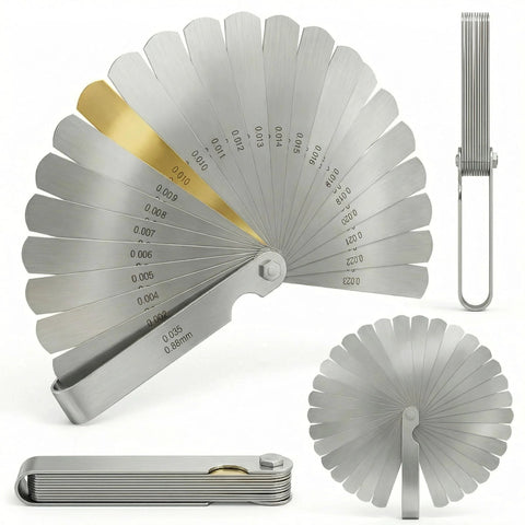 Front view of stainless steel feeler gauge set with 32 blades, 0.04–0.88 mm range and folding carrier.