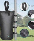 4 Pack Beefy 210 Pound Sandbags With Zippers And Straps attached to pole, highlighting 1680D Oxford Fabric and features.