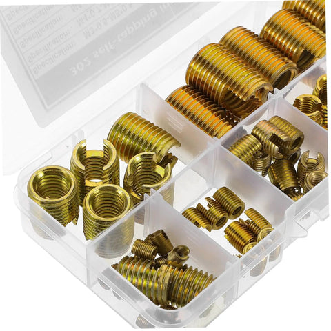 50 Piece Thread Repair Tool Kit With Carbon Steel Self Tapping Inserts Set For Quick Installation Threaded Sleeves For Auto And DIY Repairs For Quick Fixes And Restorations, assorted inserts in organizer