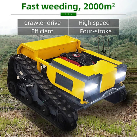 Tracked Remote Control Lawn Mower With 9.5HP Gasoline Engine, 4 Stroke Power, shown on grassy terrain with LED headlights on.