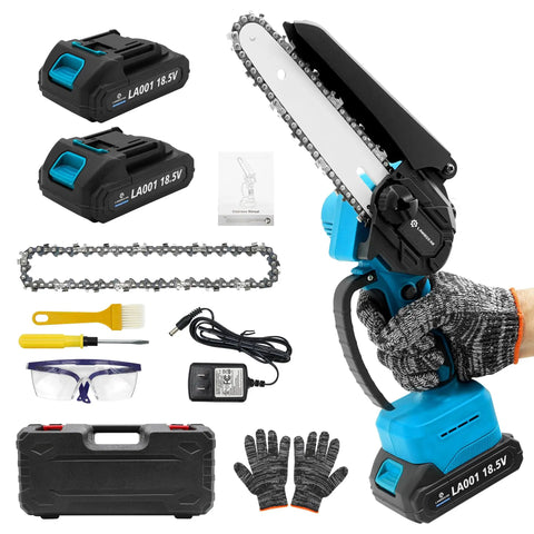 Cordless Mini Chainsaw 6 Inch Electric Chainsaw With Two Batteries and accessories including gloves and charger