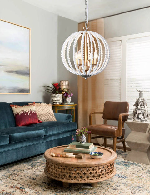 White Wood Beaded Chandelier Four Light Boho Farmhouse Pendant With E12 Base And Adjustable Chain For Dining Room Foyer Bedroom Kitchen Island Perfect For Coastal Shabby Chic Modern Rustic Vibe Decor