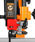 Close-up of Industrial 14-Inch Band Saw With 1 HP Dual Voltage 120V And 240V And Two Speed, 11-Amp Motor, blade tension system visible