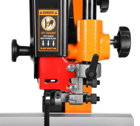Close-up of Industrial 14-Inch Band Saw With 1 HP Dual Voltage 120V And 240V And Two Speed, 11-Amp Motor, blade tension system visible