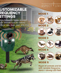 Two Pack Solar Ultrasonic Animal Repellers With Motion Sensor For Outdoor Yards And Gardens, green unit on stake with LED alerts