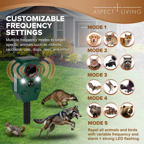 Two Pack Solar Ultrasonic Animal Repellers With Motion Sensor For Outdoor Yards And Gardens, green unit on stake with LED alerts