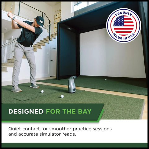 Golfer using Preferred Indoor Golf Hitting Strip Professional Grade Replaceable Hitting Mat with realistic fairway feel in a home setup