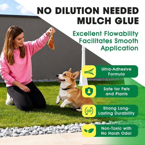 Ready to Use Mulch and Gravel Glue for Landscaping No Mess No Fuss One Gallon Rock Binder Non Toxic Weather Resistant Holds Pebbles Pine Straw for Garden Paths and Beds With Easy Application woman and dog on lawn
