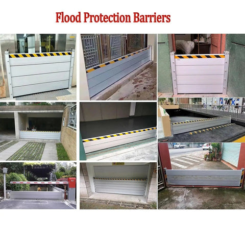 Heavy Duty Aluminum Flood Shields For Doors And Warehouse Openings, Modular barrier set up across various openings.