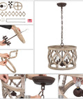 Assembly of Dope Farmhouse Wood Pendant Chandelier For Dining Room And Kitchen Island Rustic Whitewashed Finish With Dark Mottled Details Vintage Style Foyer Lighting 14 Inch Diameter