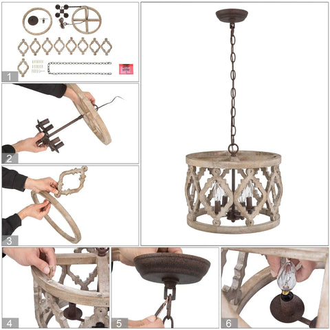 Assembly of Dope Farmhouse Wood Pendant Chandelier For Dining Room And Kitchen Island Rustic Whitewashed Finish With Dark Mottled Details Vintage Style Foyer Lighting 14 Inch Diameter