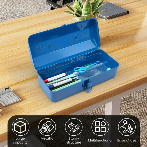 Blue metal tool box on desk with markers and scissors, Portable Metal Tool Box With Multi Compartment Organizer, Iron Construction