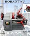 Heavy Duty Electric Pipe Threader Machine 110V Knock Out All Your 1/2 To 2 Inch NPT Pipe Threads Without Breaking A Sweat Using A Rock Solid 750W Motor showing controls and rear chuck.