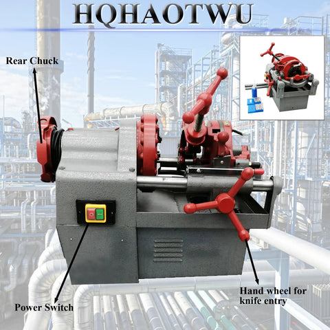 Heavy Duty Electric Pipe Threader Machine 110V Knock Out All Your 1/2 To 2 Inch NPT Pipe Threads Without Breaking A Sweat Using A Rock Solid 750W Motor showing controls and rear chuck.