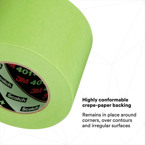 Close-up of High Performance Green Masking Tape 401 Plus For Clean Paint Lines, Superior Adhesion, Crepe Backing, 72 Mm By 55 M roll.