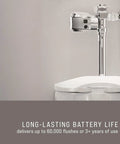AutoFlush Touchless Toilet Flusher Clamp Chrome Hands Free Sensor on restroom toilet showcasing long battery life.