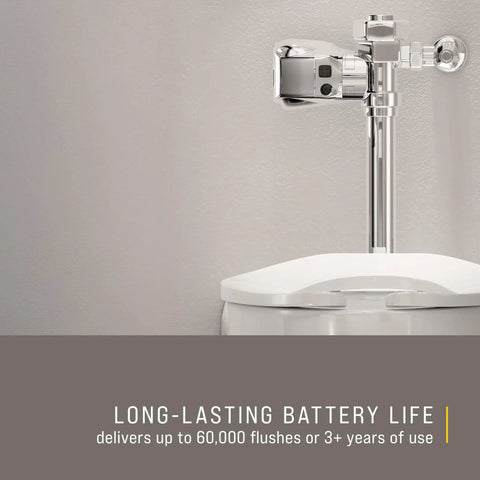 AutoFlush Touchless Toilet Flusher Clamp Chrome Hands Free Sensor on restroom toilet showcasing long battery life.