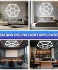 Dual Hex LED Garage Light Ceiling Fixture For Workshop And Gym 114W 14250LM 6500K Daylight White Pro Grade Build Honeycomb Hexagon Design Perfect For Garage Barbershop Office And Hobby Space installed in rooms.