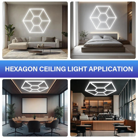 Dual Hex LED Garage Light Ceiling Fixture For Workshop And Gym 114W 14250LM 6500K Daylight White Pro Grade Build Honeycomb Hexagon Design Perfect For Garage Barbershop Office And Hobby Space installed in rooms.
