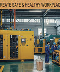 Industrial air system with air compressor muffler half inch NPT male fitting quiet exhaust silencer displayed in foreground