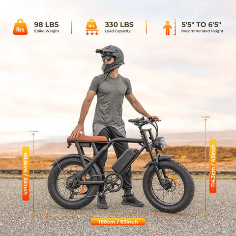 Beast 1500W Electric Fat Tire Bike For Adults With 33 MPH Top Speed 40 To 75 Mile Range 48V 15.6Ah Removable Battery 7 Speeds 3 Modes Full Suspension Dual Disc Brakes 20 Inch All Terrain Fat Tires UL 2849 Certified with rider and size guide