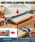 Four Way Glue Up Clamps Keep Boards Dead Flat, 40.5 Inch panel clamps applying 4-way pressure on joined wood panels.