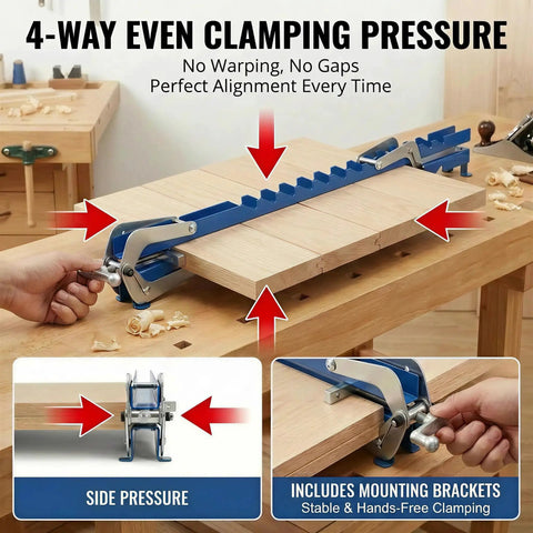 Four Way Glue Up Clamps Keep Boards Dead Flat, 40.5 Inch panel clamps applying 4-way pressure on joined wood panels.
