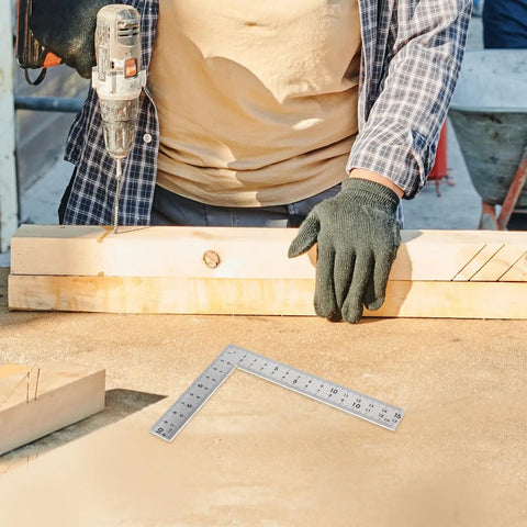 Versatile Woodworking Tool Stainless Steel Carpenter Square Ruler With Double Sided Scales 10x15cm on workbench