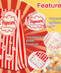 Red and white Flat Bottom Popcorn Bags 50 Pack With Individual Servings For Movie Night, Parties, Carnivals, And Halloween, with features highlighted.