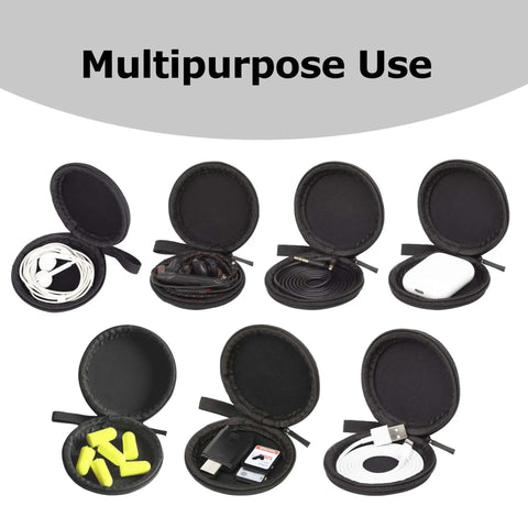 Slick Durable Hardshell Earbuds Case For Apple Ear Pods And Skullcandy Wired Headphones Bumpresistant Travel Tote For Usb C Earpieces Everyday Carry Organizer Black Single Pack with various items inside.