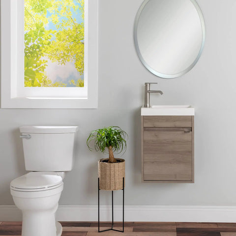 Kambree 15.75 Inch Floating Bathroom Vanity with White Sink Top One Door Cabinet forest elm finish in modern bathroom setting
