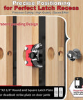 Heavy Duty Door Latch Mortise Tool For Router Clamp On Door Mount, showing precise positioning on wooden door for latch recess cutting.