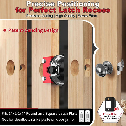 Heavy Duty Door Latch Mortise Tool For Router Clamp On Door Mount, showing precise positioning on wooden door for latch recess cutting.