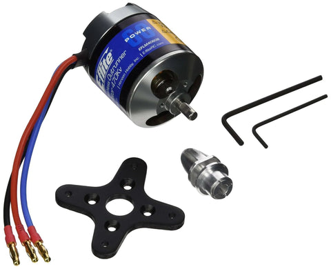 Beefy 60mm Brushless Outrunner Motor With 470Kv For 6 To 12 Pound RC Airplanes, includes mount and prop adapter, side view.