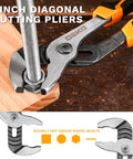 8 inch diagonal cutting pliers gripping a bolt, part of All In One 6 Piece Pliers Set With 10 Inch Water Pump Pliers