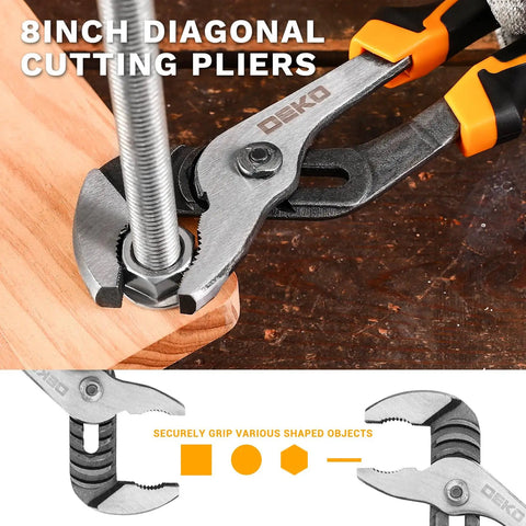 8 inch diagonal cutting pliers gripping a bolt, part of All In One 6 Piece Pliers Set With 10 Inch Water Pump Pliers