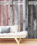Cinnamon Wood Peel And Stick Wallpaper Self Adhesive Faux Wood Plank For Kitchen Counter And Home Decor Removable Vinyl Contact Paper 17.3 Inches By 472 Inches Roll 56.7 Sq Ft with natural wood patterns behind a sofa.