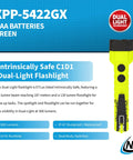 XPP-5422GX Intrinsically Safe Dual Light Flashlight with LED Light Source, green and black, shown with specs and features.